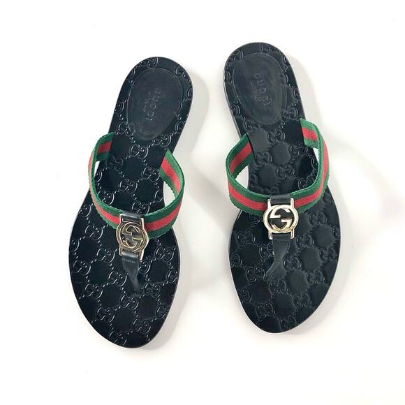Gucci Interlocking GG Supreme Web Stripe Thong Slip On Sandals 38.5 - Picture 1 of 9